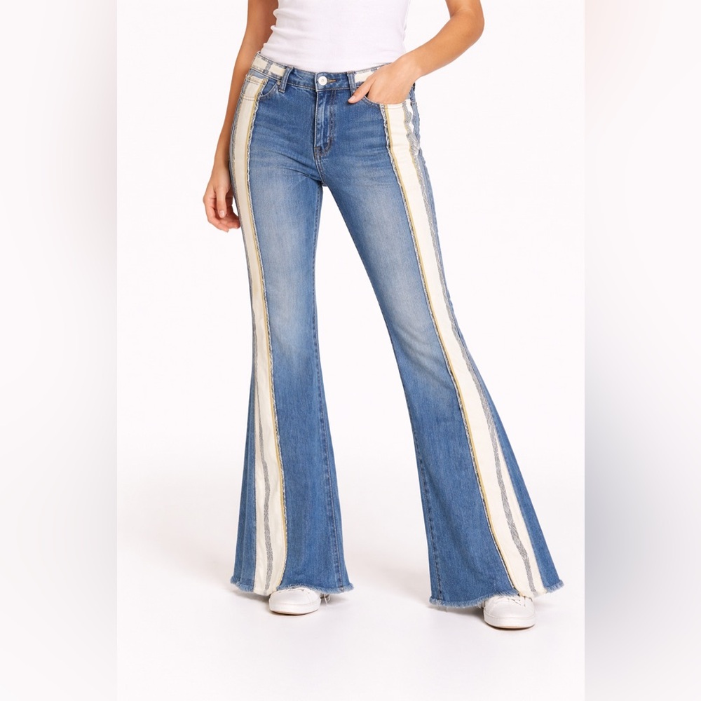 Free People Light Blue Flare Jeans with Cream & Gold Side Stripes